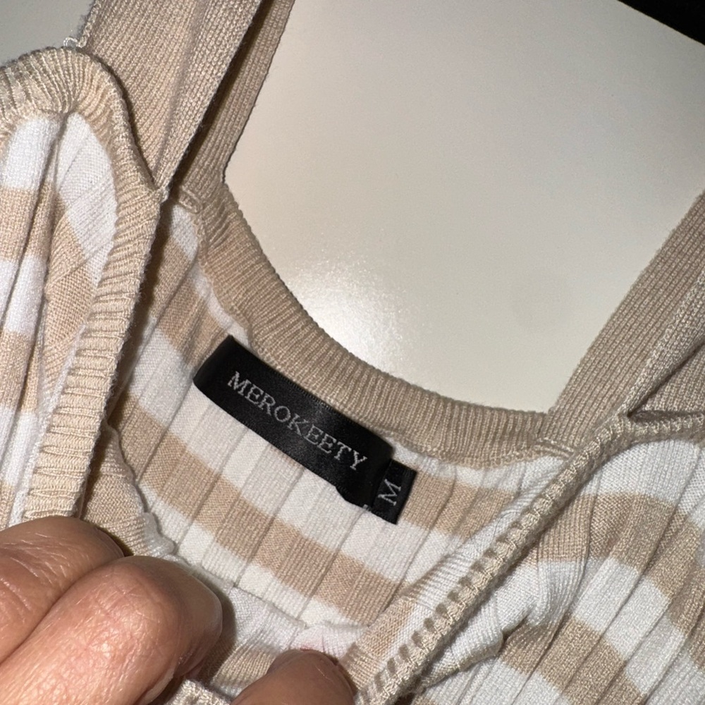 MEROKEETY Beige and White Striped Top